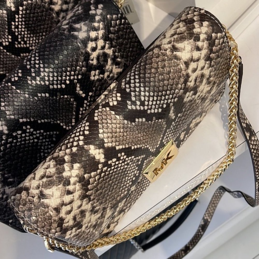 Michael Kors Sonia Medium Snake Embossed Shoulder Bag Natural - Picture 12 of 16